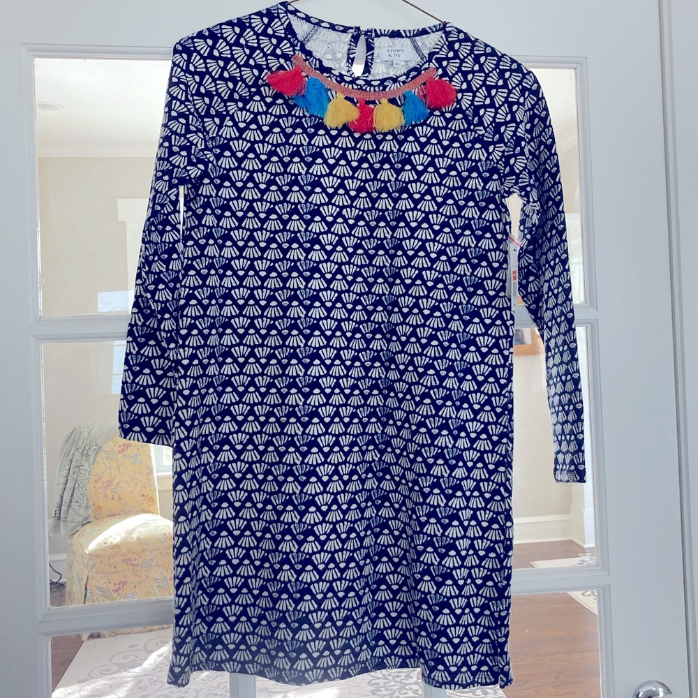 NWT Sz L Crown & Ivy Navy and White Dress w/Colorful Embellishment At Neckline